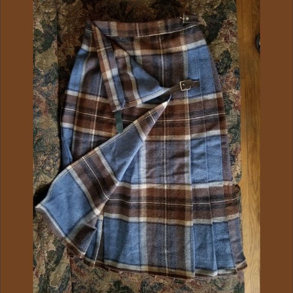 Vintage 70s, kilt skirt, mid-calf, wool blend, blue, browns, Dorethy Perkins - Picture 3 of 7